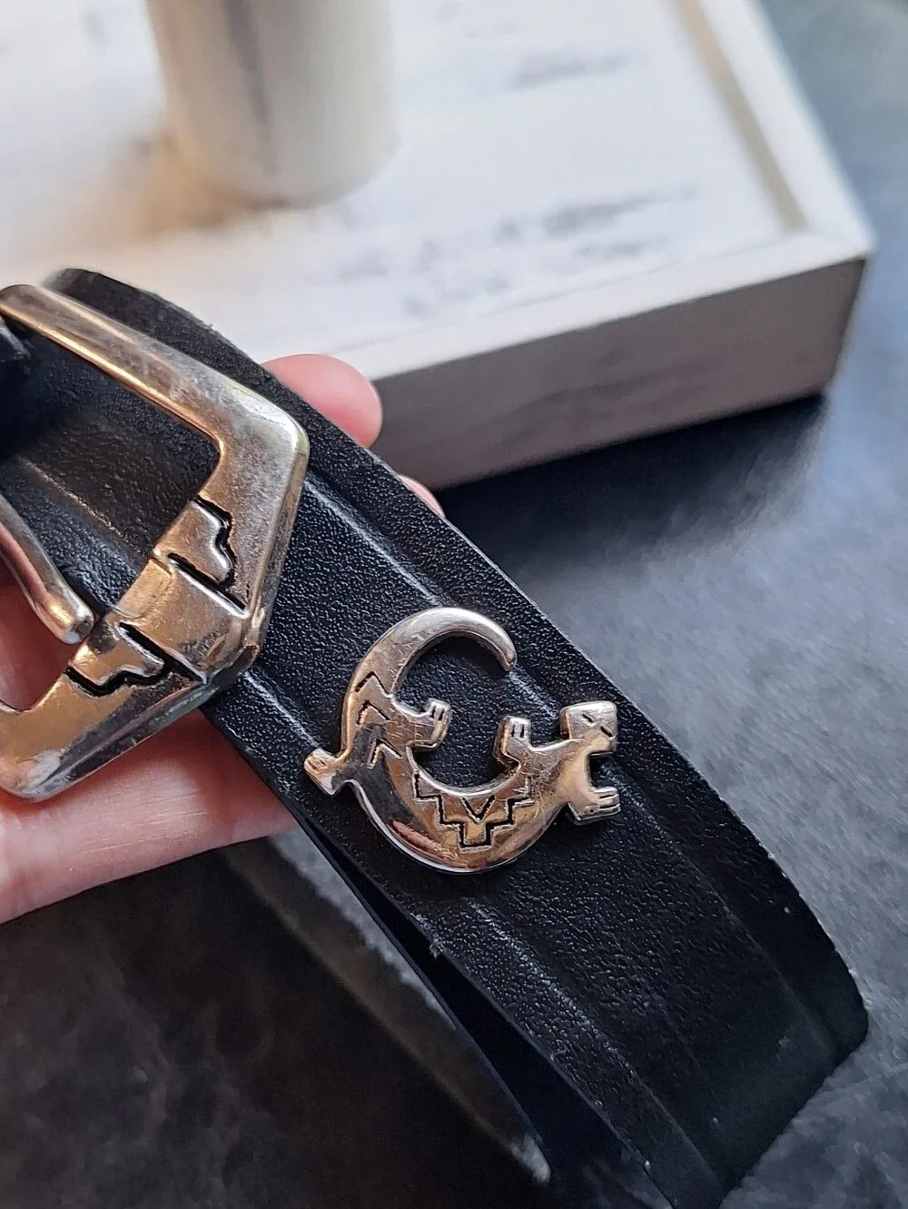Ladies English Bridle Black Leather Belt Silver Turtle Steer Gecko, Boho Large
